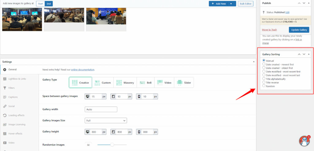 Gallery sorting pagination